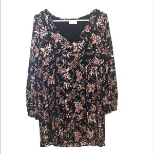 2/$30 Altard State - Black Floral Boho Long Sleeve Mini Dress V-Neck Size L